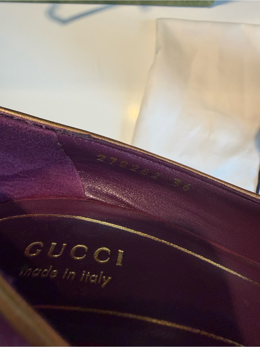 Gucci Purple Suede Peep-Toe Platform Pumps with Gold Piping - Picture 9 of 12